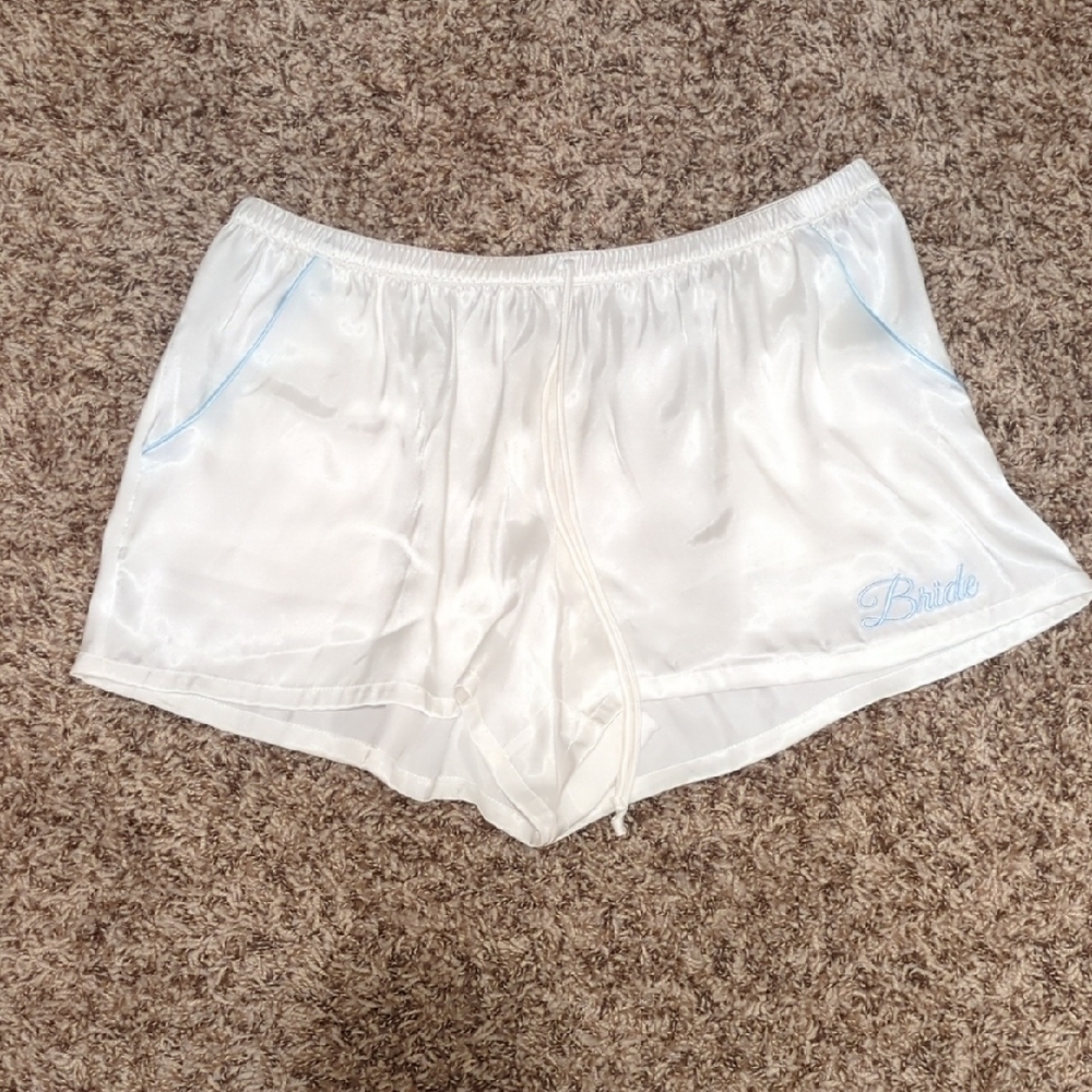 In Bloom by Jonquil white satin baby blue trim bride graphic sleep shorts